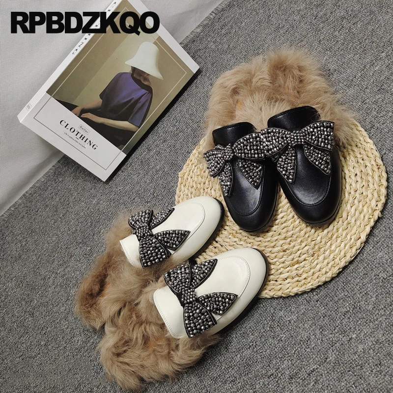 

Bowknot Slippers Half Shoes Women Sheepskin Fur Round Toe Mules Slides Rhinestone Flats Bowtie Fuzzy Real Genuine Leather Fluffy