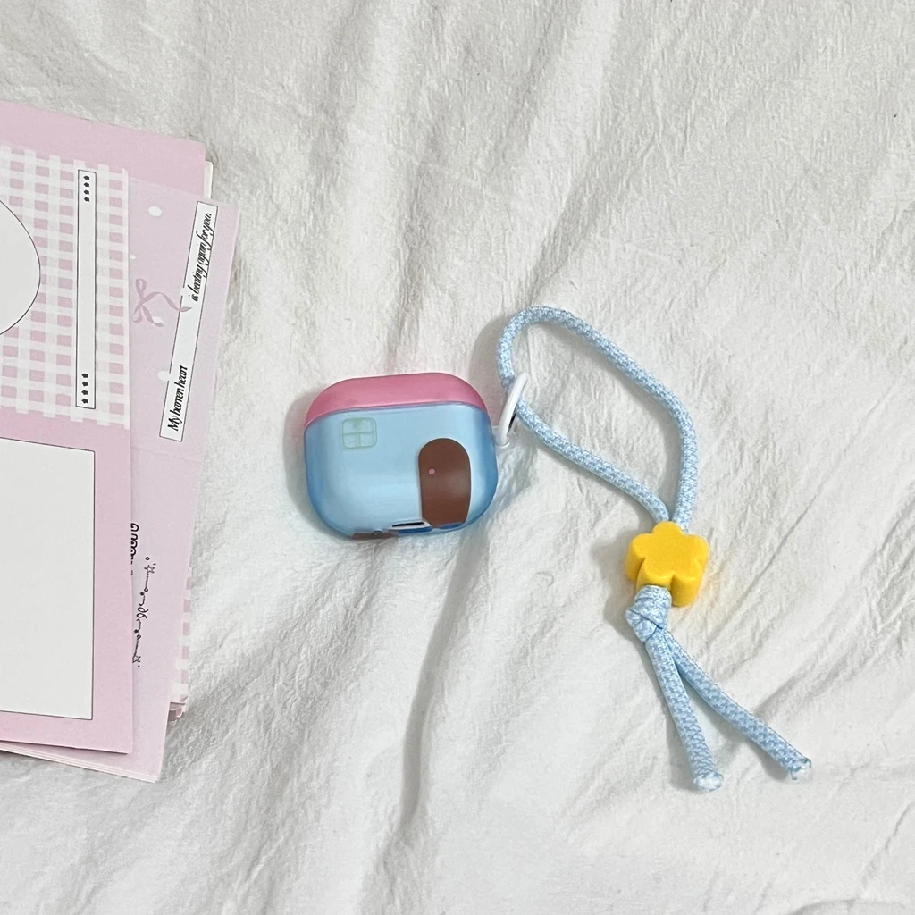 Adorable Cartoon House Earphone Cover with Lanyard - Two-Tone Matte Finish