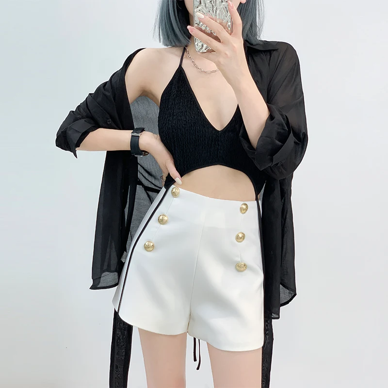 Spring 2024 New Stretch High Waist Black/White Shorts for Women Slim Metal Buttons Back Zipper Women's Suit Shorts