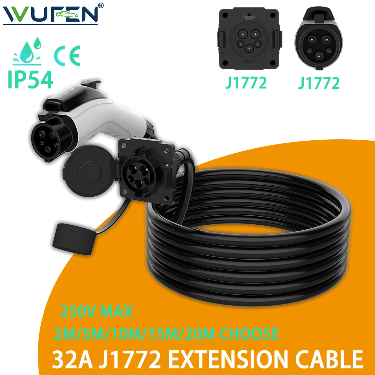 WUFEN EV Charger Extension Cord J1772 Extension Cable 32A Electric Vehicle 110V-240V Charging Cable for All SAE J1772 CAR