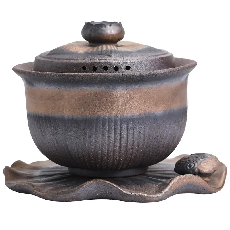 Large Earthenware Sancai Gai Wan Cha Cup Kung Fu Tea Manual Vintage Tea Bowl Coarse Pottery Set Gaiwan Sopera De Ceramica
