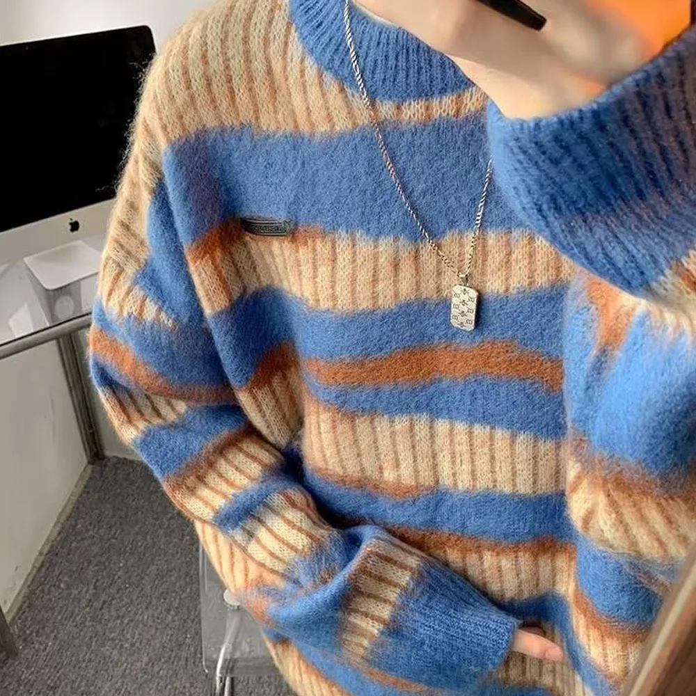 Men's Y2K Blue Vintage Striped Knit Knitwear Couple Sweater Sweatshirts Korean Autumn Winter Clothes Pullovers Blouse Tops Men
