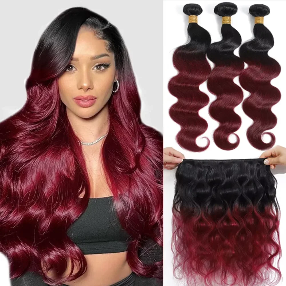 Extension di Capelli Umani Brasiliani 1B/Burgundy con Onde Morbide, 100% Capelli Umani con Chiusura in Pizzo 4x4, Extension Remy