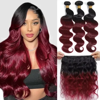 Extension di Capelli Umani Brasiliani 1B/Burgundy con Onde Morbide, 100% Capelli Umani con Chiusura in Pizzo 4x4, Extension Remy