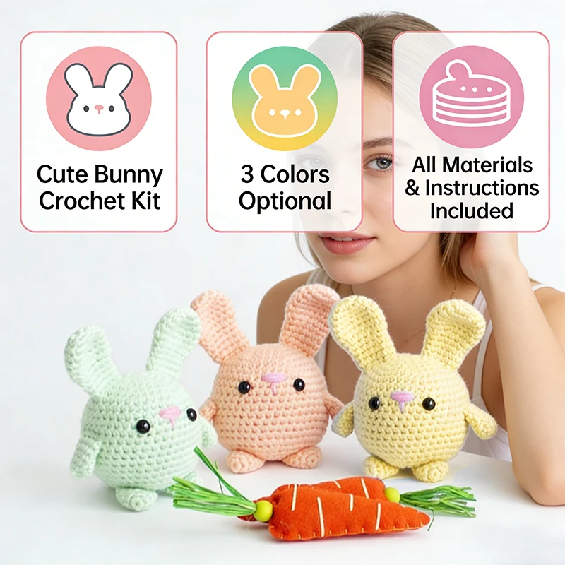 초보자를 위한 DIY 크로셰 토끼 키트 3가지 색상 귀여운 토끼 아미구루미 크로셰 키트 (실, 바늘, 액세서리 포함) 단계별 설명