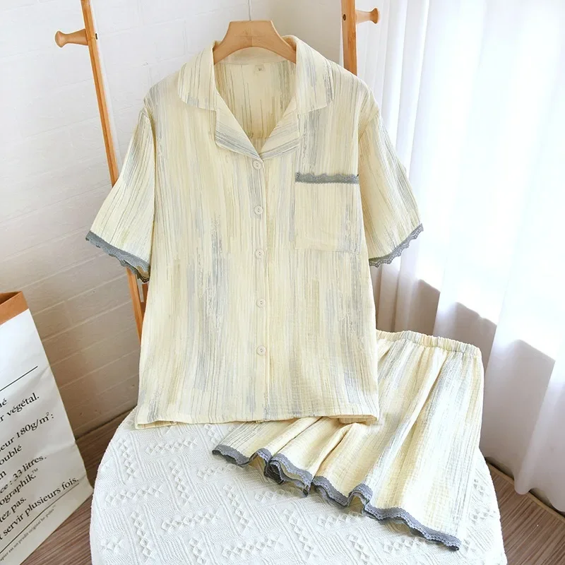 

2023 New Pajamas Women's Summer Crepe Short Sleeve Korean Style Shorts Short Sleeve Fresh Thin Home Suit Two Piece Set Sleepwear