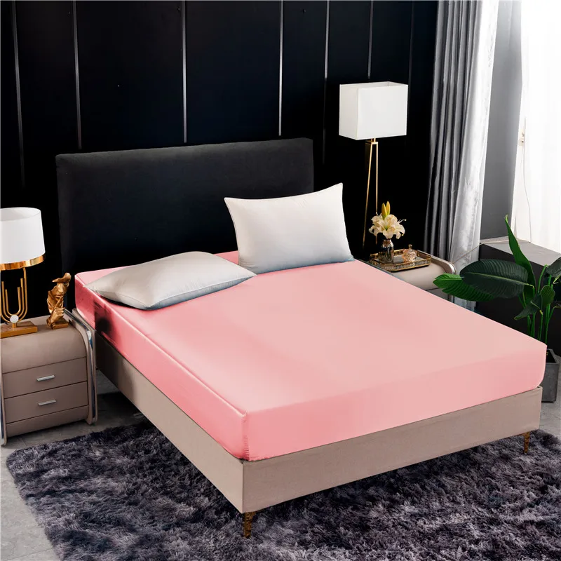 

Luxury Satin Fitted Sheet High-End Solid Color Mattress Cover With Elastic Band Bedsheet Single Double Queen Size Fit Sheet