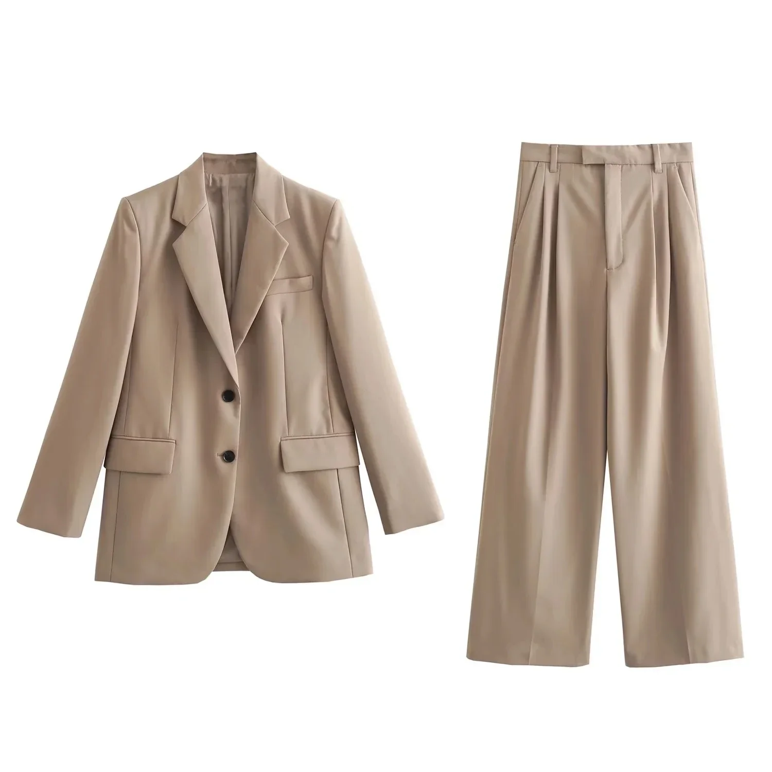 

TRAF Woman Brown Oversized Blazer Autumn Loose Casual Blazers 2023 New Vinatage Pleated Wide Leg High Waist Pants Women Suits