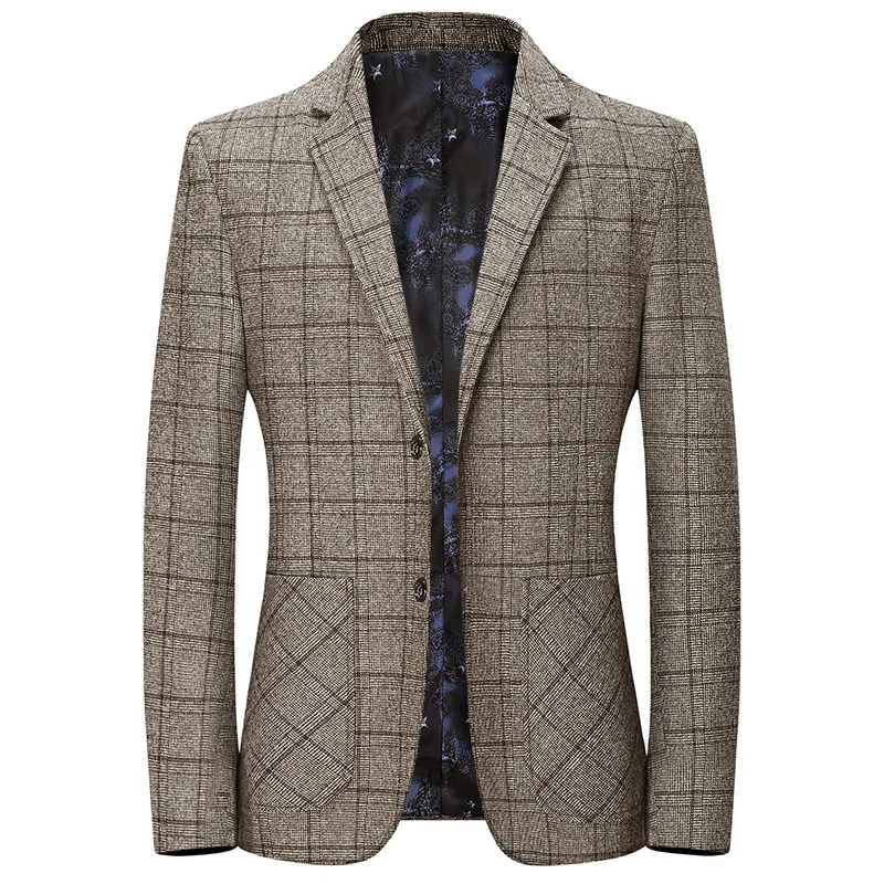Khaki Plaid Male Suit Jackets New Fashion Gray Business Casual Single-Breasted Coat 2023 Autumn High Quality Men Slim Fit Blazer