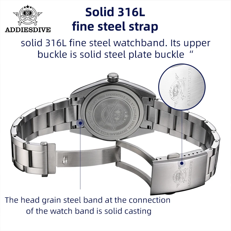 ADDIESDIVE Luxury Quartz Watch For Men 316L Stainless Steel Sapphire Pot Cover Glass 10Bar Waterproof  Luminous Wristwatch Reloj