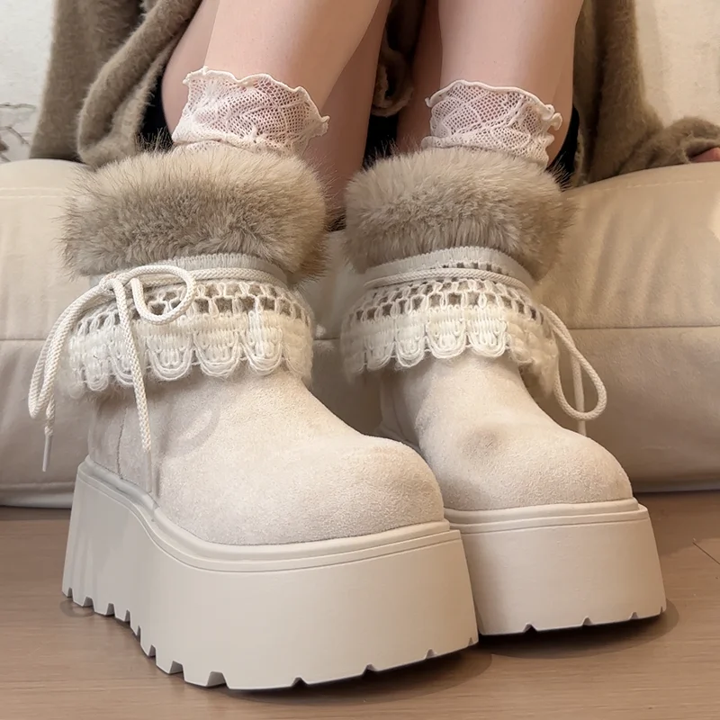 Luxury Bowknot Fluffy Fur Kawaii Snow Boots 2025 Winter Sweet Lace Suede Designer Ankle Boots Warm Plush Woman's Short Booties