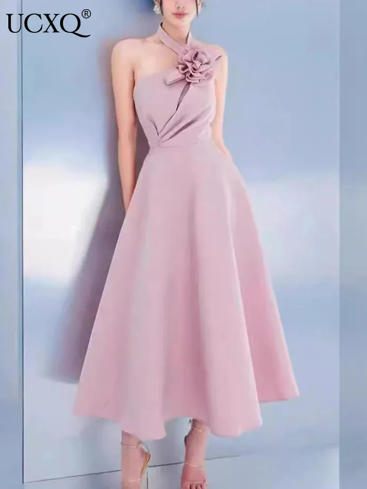 

UCXQ Elegant Pink Hanging Neck 3D Flower Waist Dress Fairy Style Fashion Sleeveless Long Dresses Women 2024 Spring Summer 3A8115