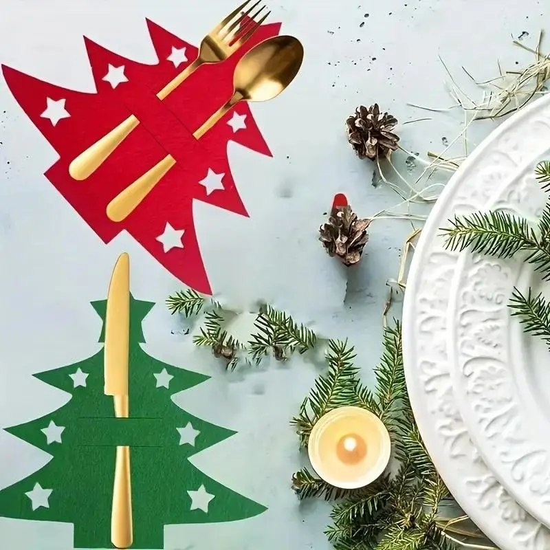 12Pcs Christmas Tree Shaped Felt Cutlery Mats With Stars Decor Durable For Home Christmas Festive Party Table Decor Accessories
