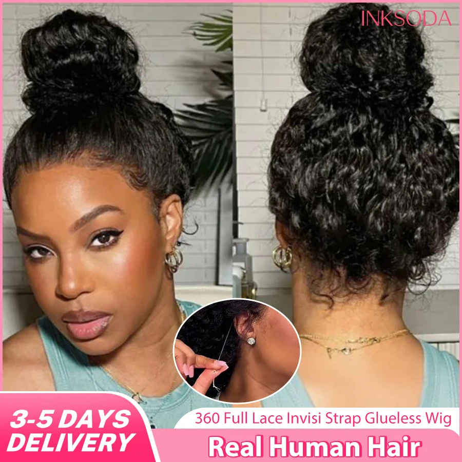 360 Deep Wave Lace Front Wigs Invisi Strap HD Full Lace Wigs Human Hair Pre Plucked With Drawstring Glueless Curly Wig For Women 1