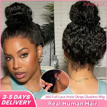 360 Deep Wave Lace Front Wigs Invisi Strap HD Full Lace Wigs Human Hair Pre Plucked With Drawstring Glueless Curly Wig For Women 1