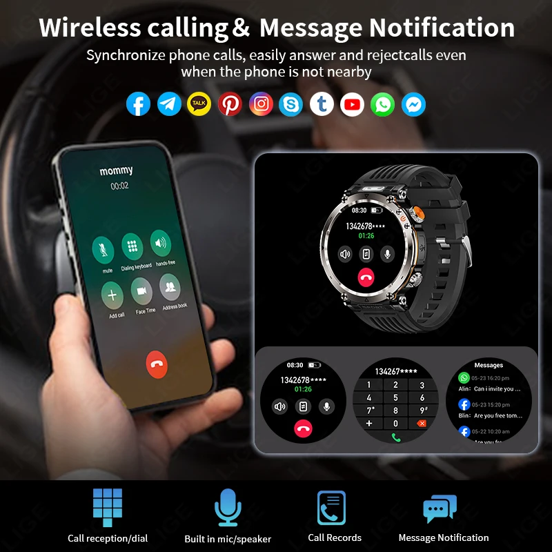 LIGE Military Compass Smart Watch Men 3ATM Waterproof Outdoor Sport Fitness Tracker Health Monitor Bluetooth Call Smart Watch