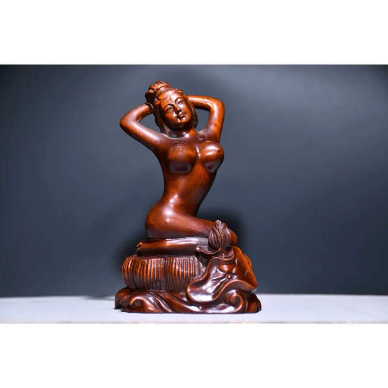 

4.5" Chinese Box-wood Hand Engraving In One's Skin Beautiful Woman Lotus Flower Statue Craft Gift Decoration Home Decore