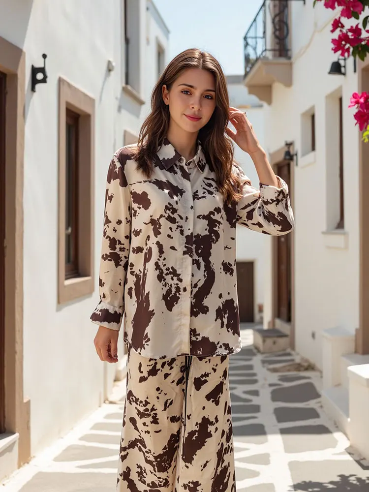 HH Women Vintage Print Blouse Skirts Sets Lapel Long Sleeve Shirts High Waist Slim Straight Midi Skirt Summer Lady Outfits