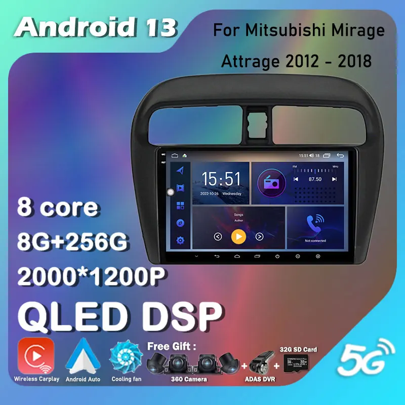 

9" For Mitsubishi Mirage Attrage 2012 - 2018 Android 13 Car Radio GPS DVD Player Stereo Multimedia Navigation Head Unit NO 2 Din