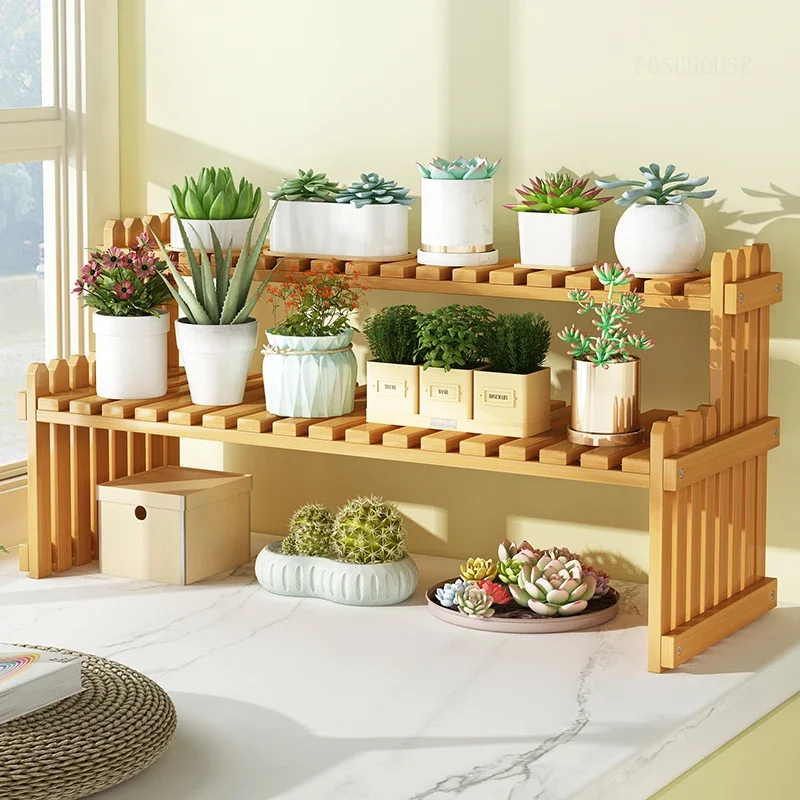Display New Shelf for Window Display Modern Small Double-layer Plant Stand Luxury Minimalist Bamboo Flowerpot Holder for Desktop