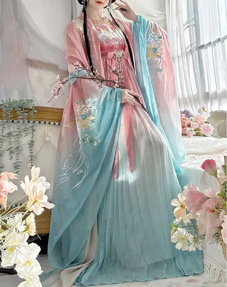 

Hanfu Women Chinese Traditional Cosplay Costume Ancient Vintage Embroidery Gradient Pink&Green Hanfu Dress Party Outfit