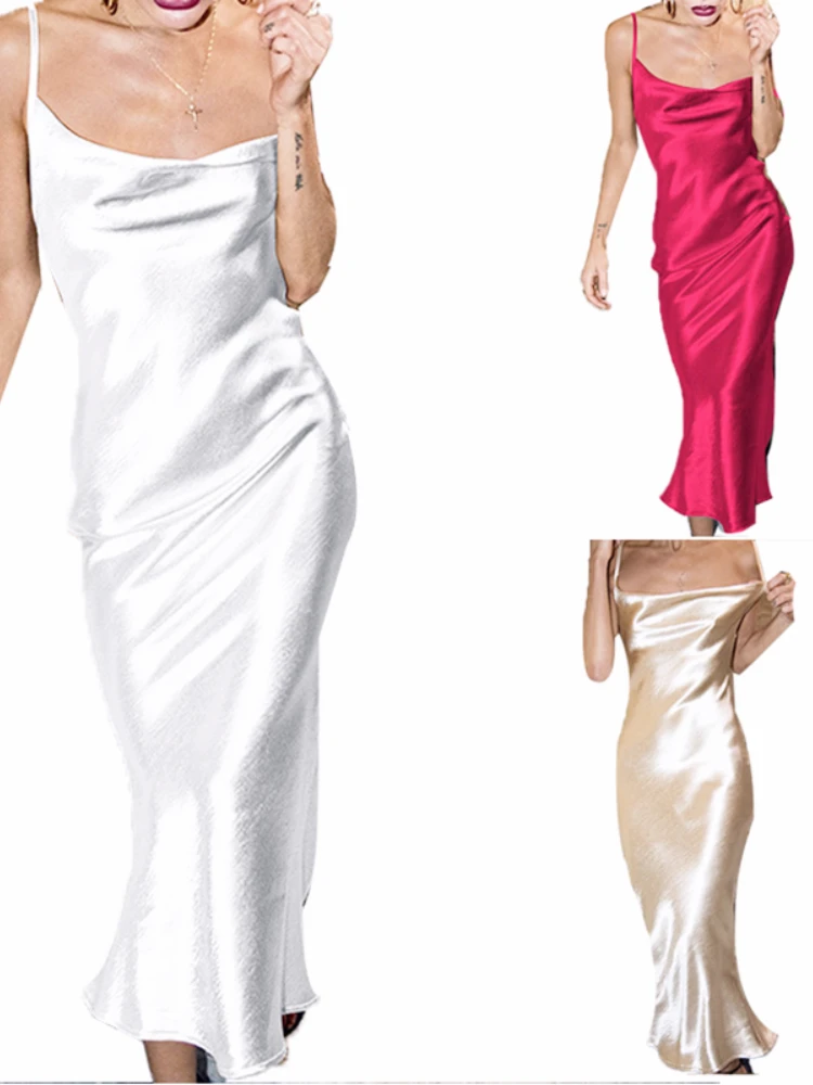 

Summer Women Satin Long Dress Sexy Sleeveless Backless Spaghetti Strap Silk Mermaid Dresses Female Nightclub Party Maxi Dress