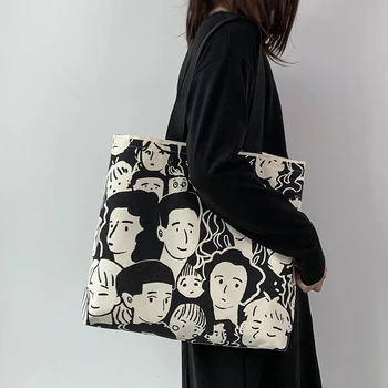 حقيبة قماش بنمط الشباب في سن المراهقة، حقيبة كتف نسائية ذات سعة كبيرة، حقيبة تسوق فنية بسيطة أدبية للطلاب