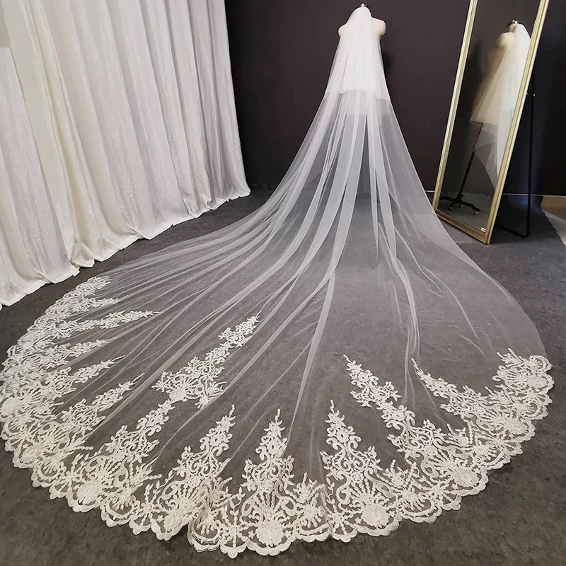 

Real Photos Two Layers Long Lace Wedding Veils 4 Meters White Ivory Bridal Veil with Comb High-grad Bride Wedding Accessories