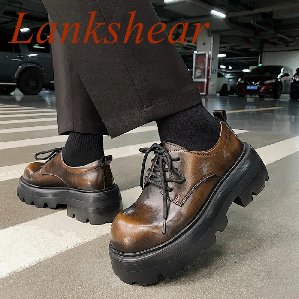 

Мужские туфли на толстой подошве с большим носком, коричневые повседневные туфли дерби в стиле ретро на плоской подошве, на шнуровке, с перекрестной шнуровкой, Новое поступление 2024