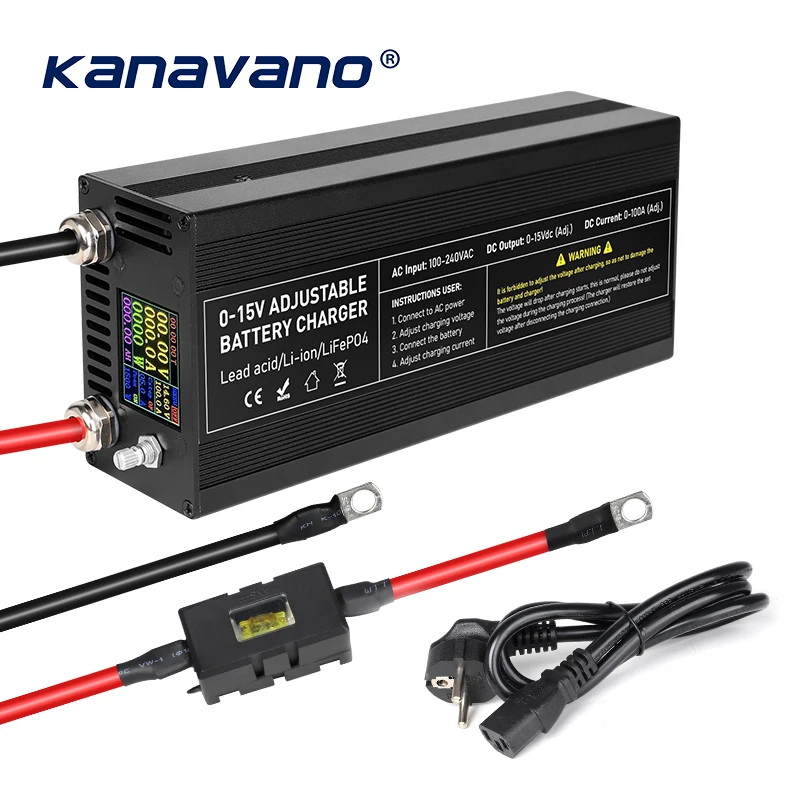 Lifepo4 충전기, 12.8V 배터리 팩용, 고전류 고속 CAAnti 역방향 연결, 가변 전압 전류 충전기, 12V 60A, 100A