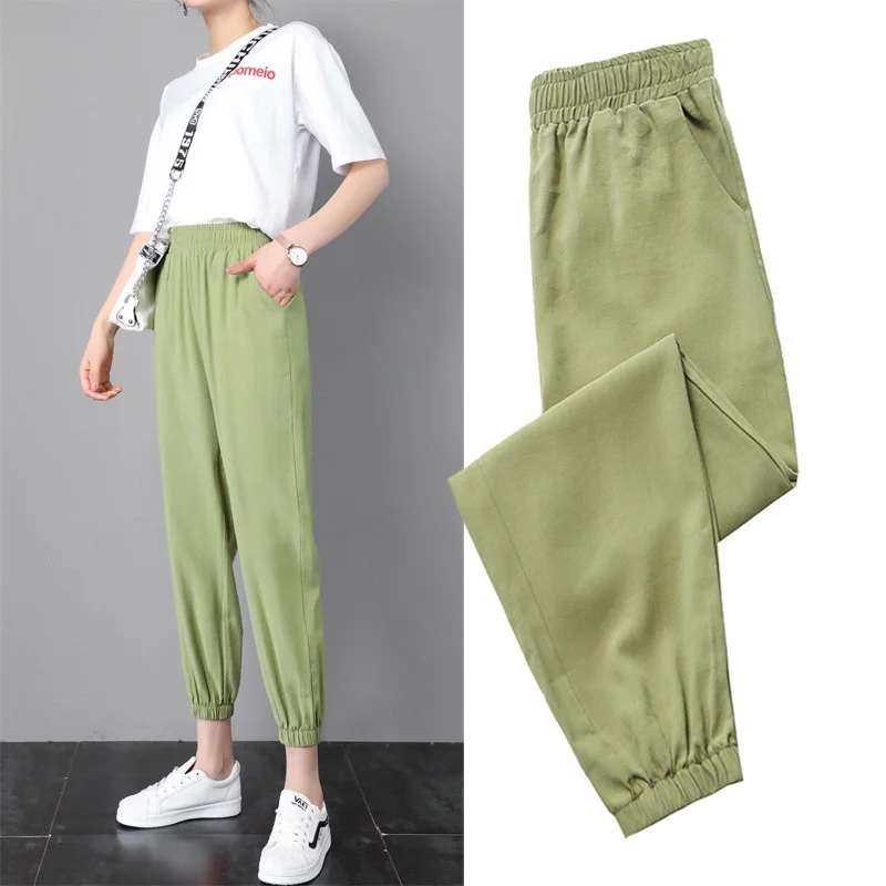2023 New Ice Silk Sports Pants Student Women'S 9 Point Casual Summer Style Loose And Thin Mosquito Proof Lantern Trousers Female boliyae high waist slim elastic flare jeans women water proof antifouling grease proof denim pants slim y2k high street trousers