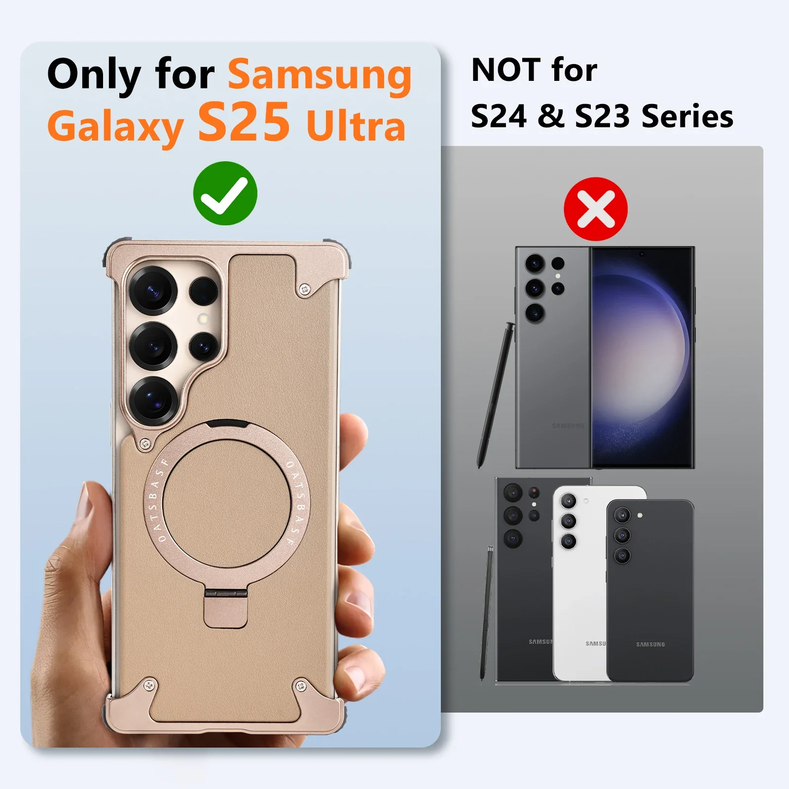 Eary for Samsung Galaxy S25 Ultra Phone Case with 360° Rotatable Magnetic Stand Wireless Charging Bumper Leather Frameless Cover