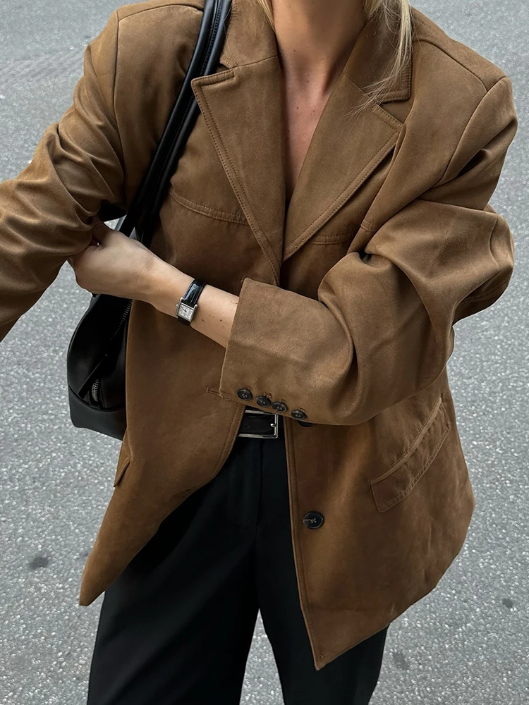 Vintage Women Loose Suede Jackets 2024 Fashion Ladies Oversize Brown Faux Leather Outfit for Female HighStreet Chic Clothes Cute 3