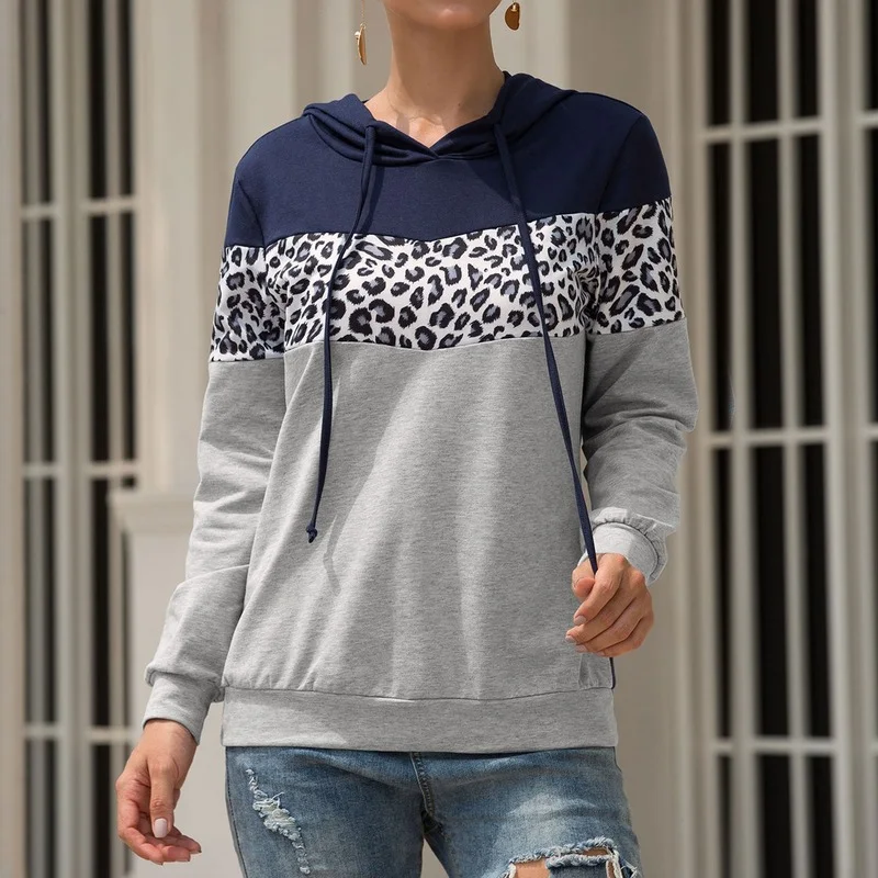 Women Leopard Stitching Thickening Pullover Hoodies Autumn Long Sleeve Tops Loose Casual Winter Hooded Sweatshirt Female Jumper