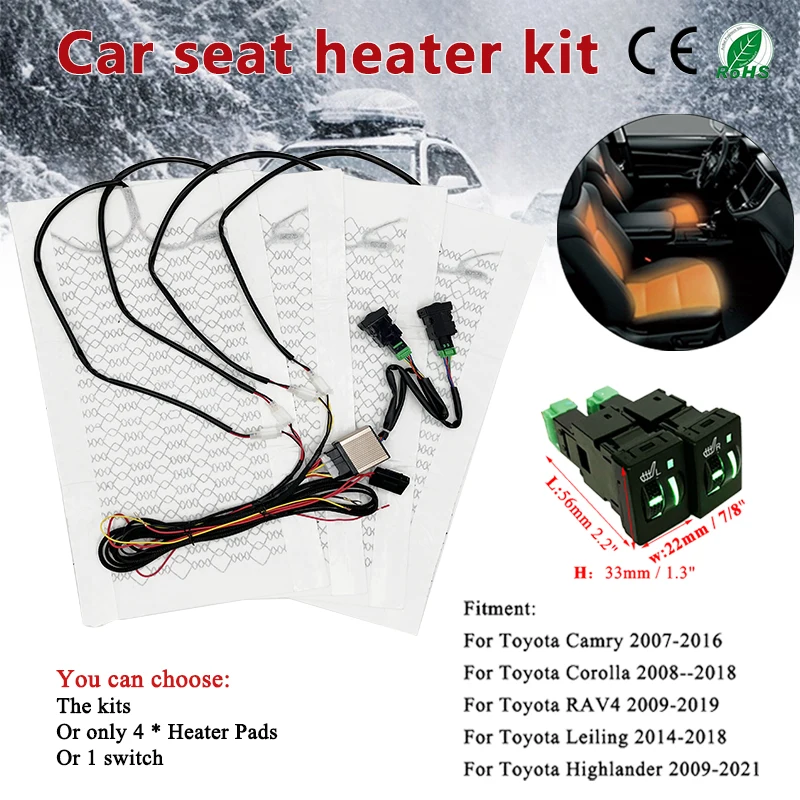 Car Seat Heater Kit Fit 2 Seats 12V Carbon Fiber Heating Pads Poleless Paddle Dual Control Switch For Toyota Camry Corolla RVA4