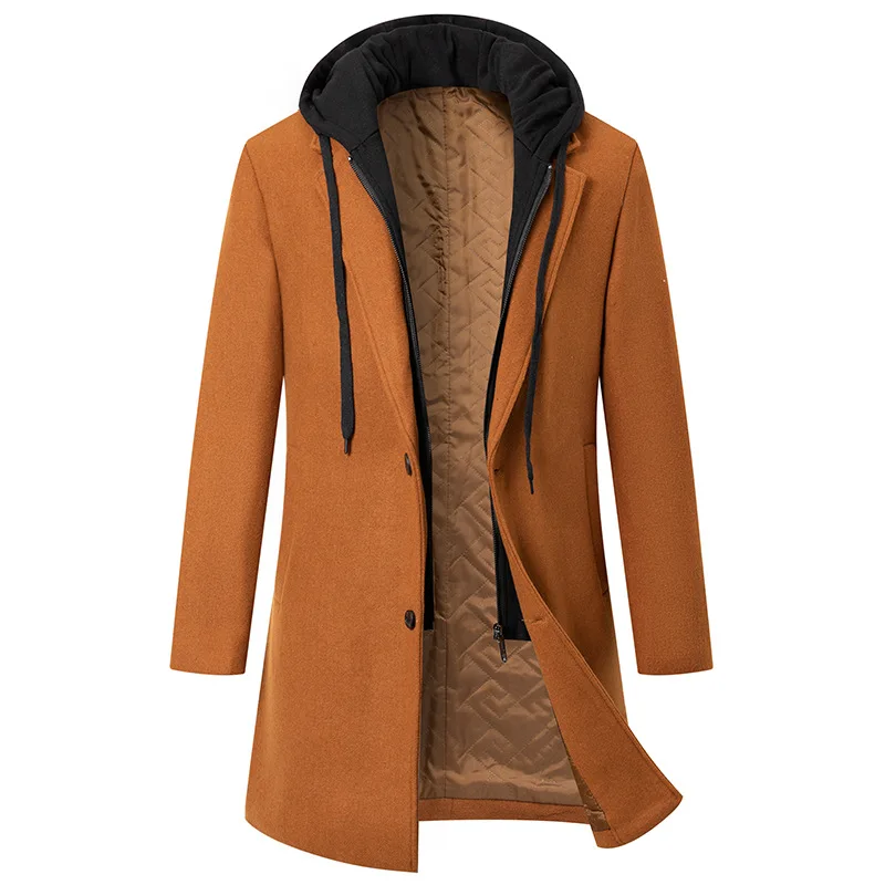 

Mens Wool Coat Winter Business Overcoat Single Breasted Long Gentlemen Trench Coat Stylish Camel Windproof Hooded Pea Coat 4XL