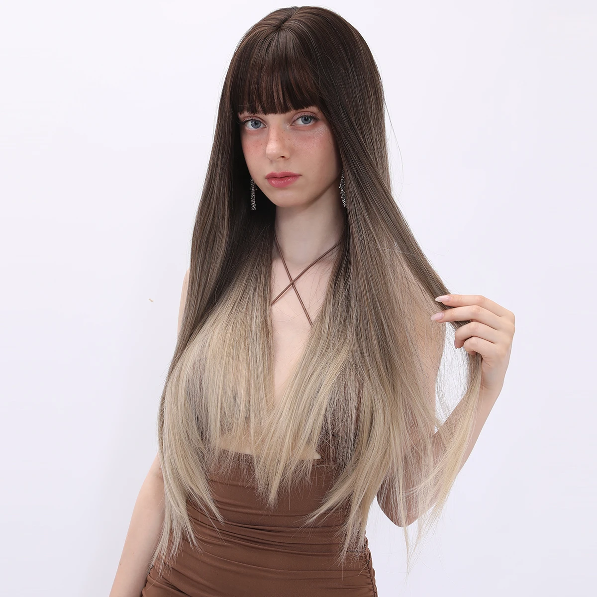 

Smilco Omber Grey To Blonde Long Straight Wigs For Women Synthetic Natural Fake Hair With Bangs Daily Party Heat Resistant Wig