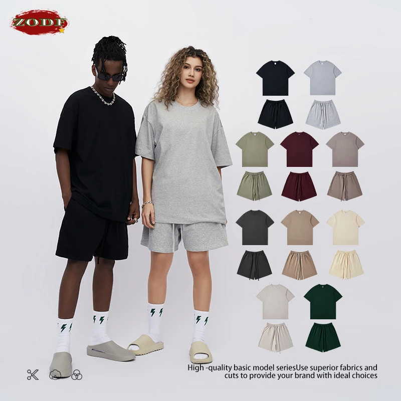 

ZODF New Men Basic 260gsm Cotton T-Shirt Unisex Loose Solid O Neck T Shirt And Shorts Set Brand Streetwears HY0154