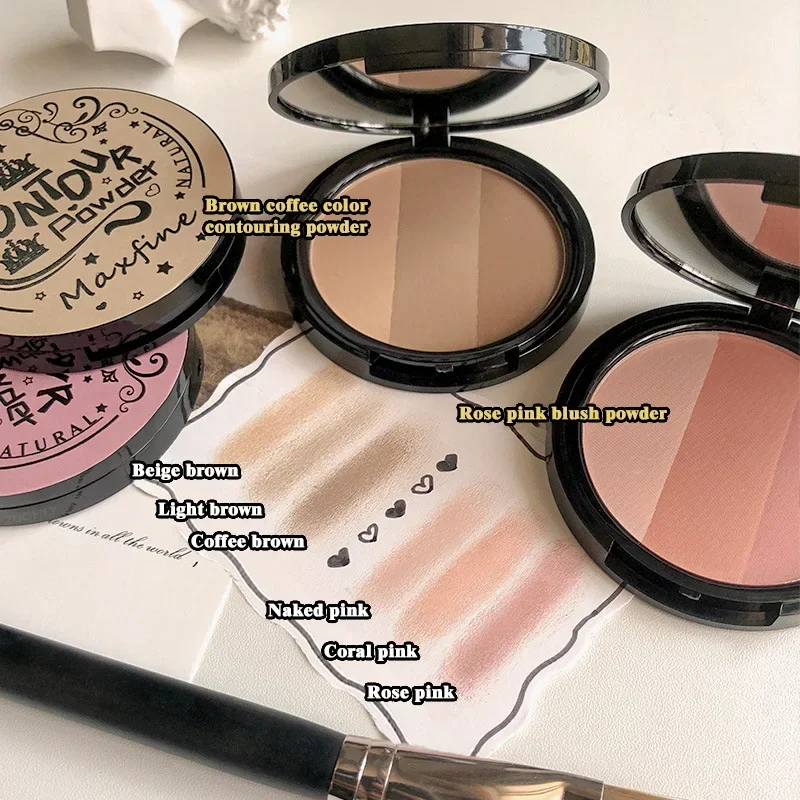 2/3 Farbpalette: Bronzer, Highlighter, Gesichtsmattes Braun, Kaffeebraun, Konturpuder, Lidschattenpuder, Rosarot, Rouge, Hochglanz-Illuminator_voghion.com