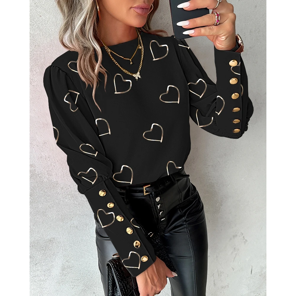 

2024 Women Heart Print Buttoned Decor Top Gigot Sleeve Casual Blouse Spring Summer Fashion Femme Round Neck T Shirts Streetwear