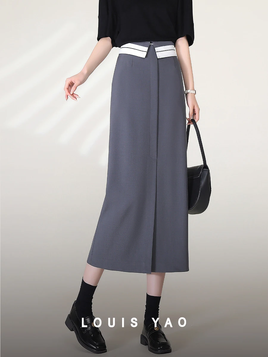 LOUIS YAO Women Skirt 2024 Spring New Straight Office Lady Casual Skirt with Detachable Girdle Gray Black Skirt