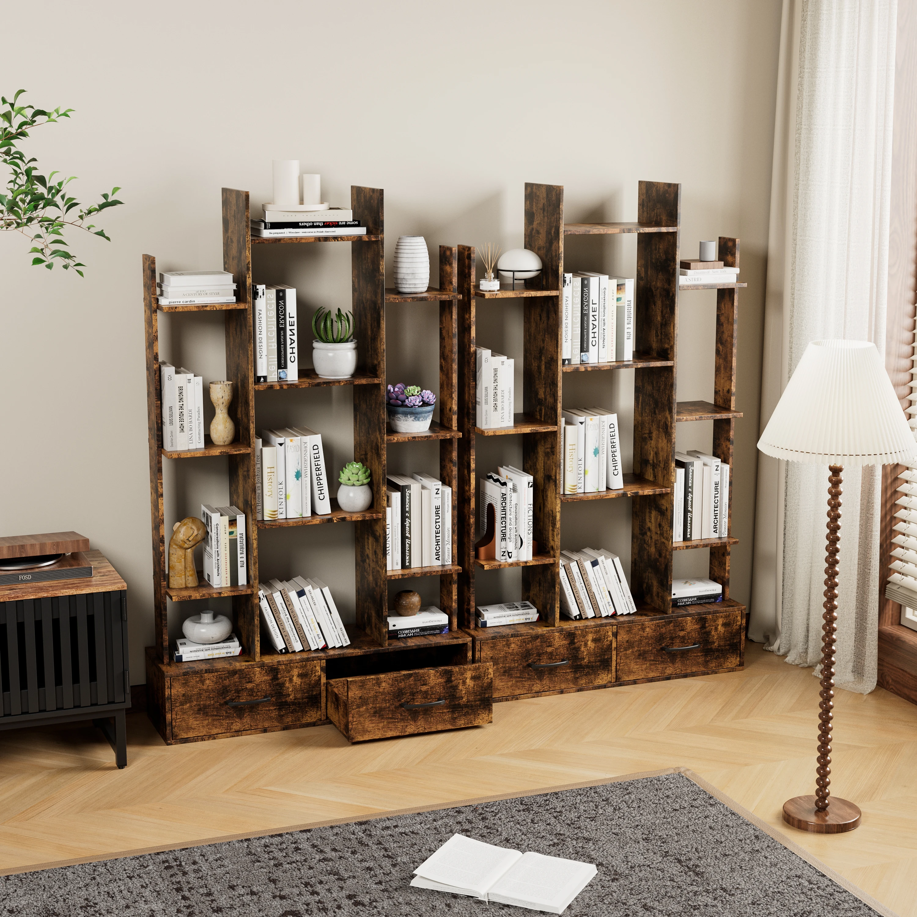 Bookshelf with 2 Drawers,Industrial Freestanding Open Display Shelving,Vintage Open Bookcase,Book Case for Bedroom, Living Room