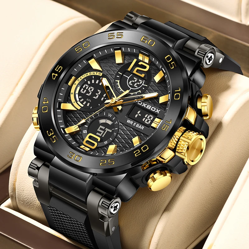 FOXBOX Men's Quartz Wristwatch LIGE Top Brand Luxury LED Display Waterproof Watch Men Outdoor Sport Analog Digital Watch For Men