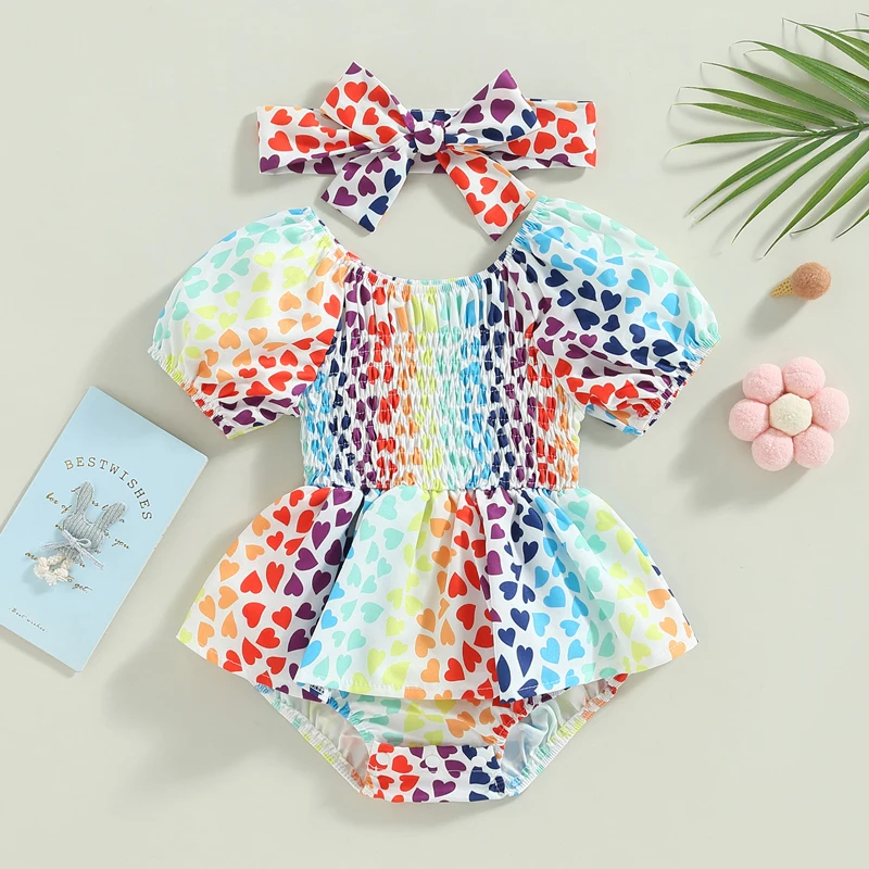

2023-02-16 Lioraitiin 0-18M Infant Baby Girls Bodysuit Set Short Sleeve Off-shoulder Heart/Leopard Print A-line Dress Headband