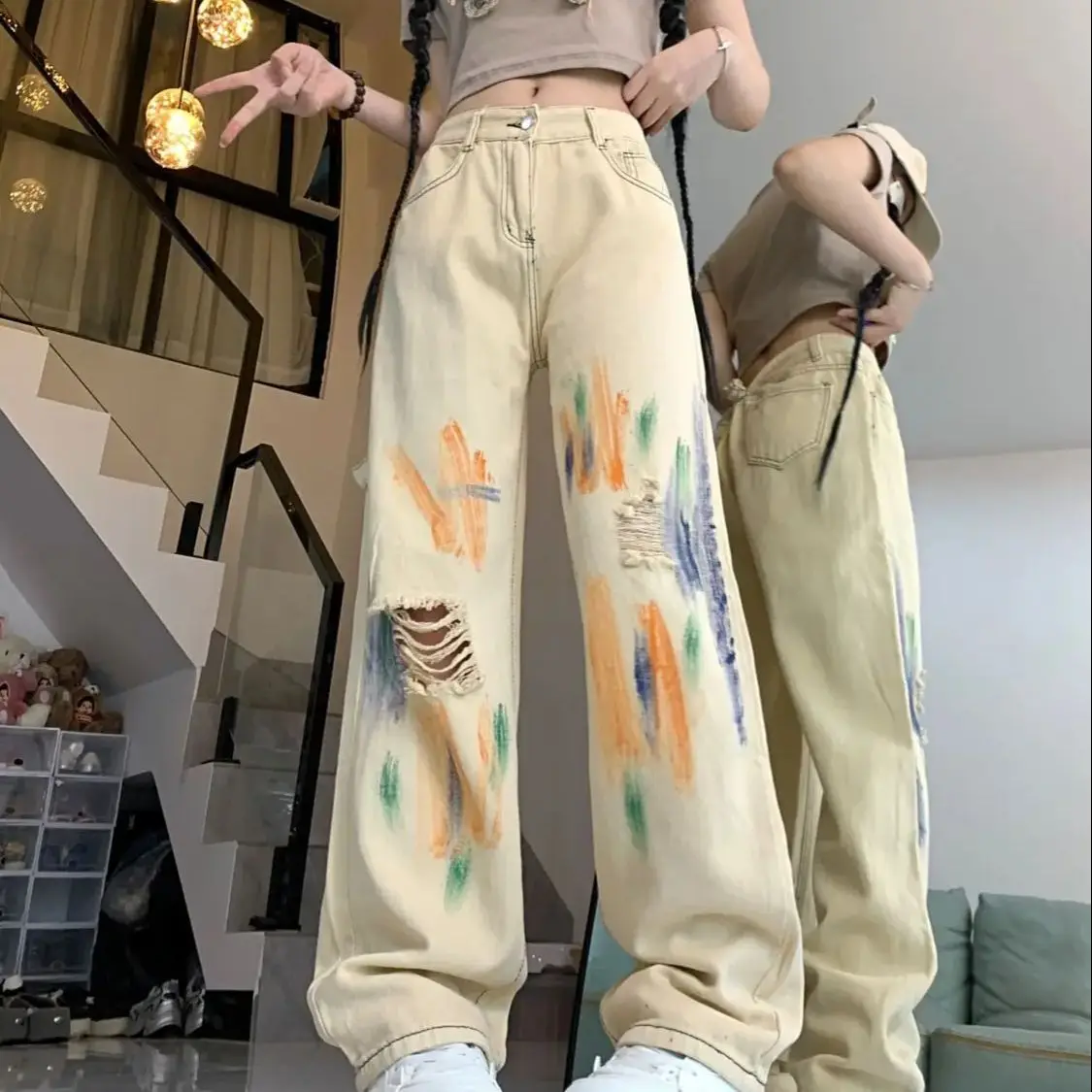 Jeans With Holes Hand-Painted Dyeing And Design High-Waisted American Street Style Women'S Summer New Slimming Wide-Leg Pants