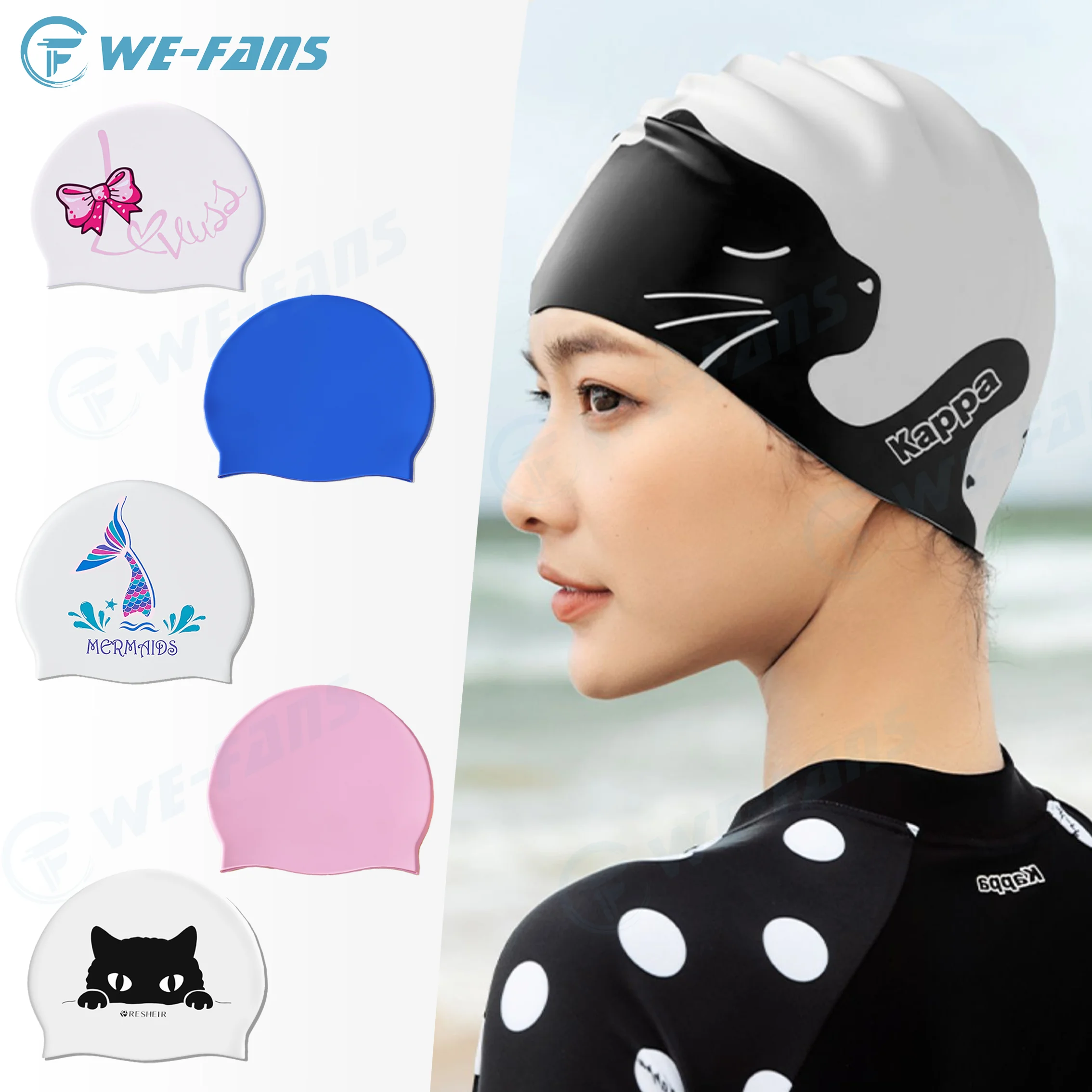 Thickened Cartoon Cat Swimming Cap Elastic Silicone Waterproof Long Hair Ears Protect Personality Swim Caps For Women Girls