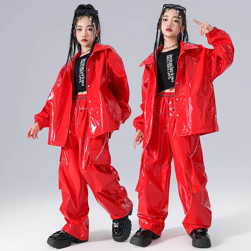 Children's Boys Gilrs Party Fashion Show Shiny Leather Jacket Pant Sets Kids Stage Dance Performance Clothes Coat Trousers Suits