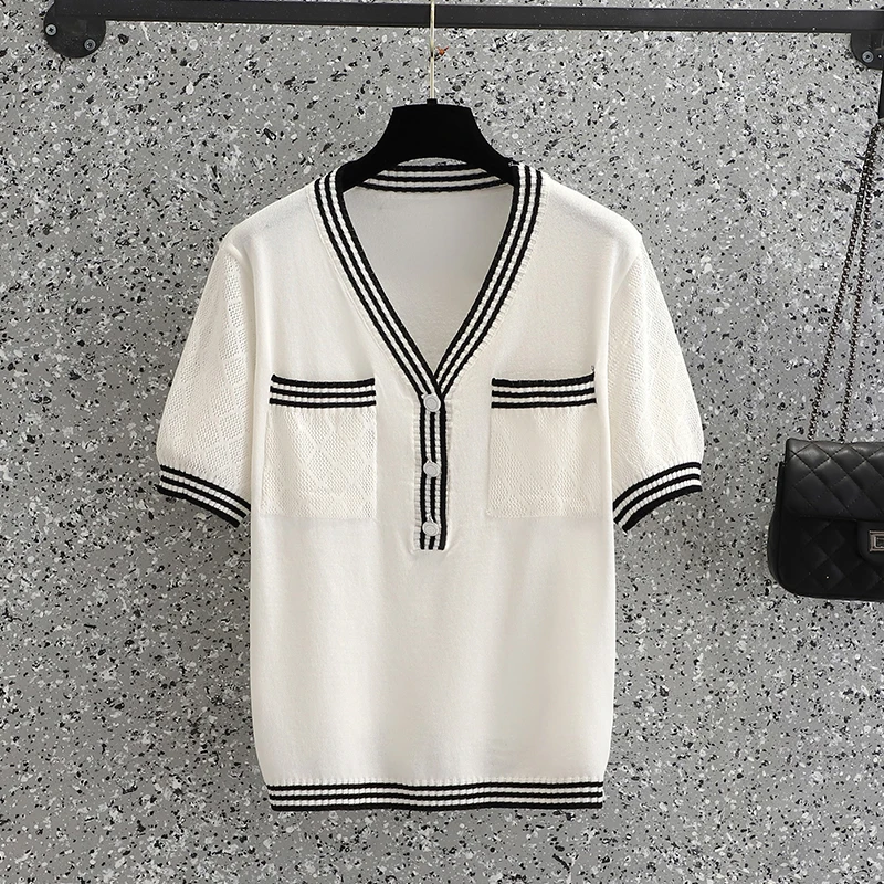 

Women Sweater lapel Jumper solid color Short sleeves Loose Female Casual Knitted pullover Women clothing 2022 Summer New