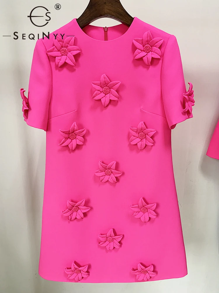 

SEQINYY Purple Red Dress Summer Spring New Fashion Design Women Runway High Quality Appliques Flowers Casual Short Sleeve