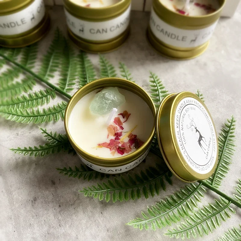 Luxury Scented Candle with Crystal Stones & Dried Flowers in Elegant Silver Tin